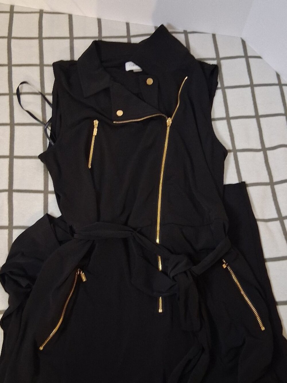 Size 8 Calvin Klein Black Moto Jumpsuit with Asymmetrical Gold Hardware
